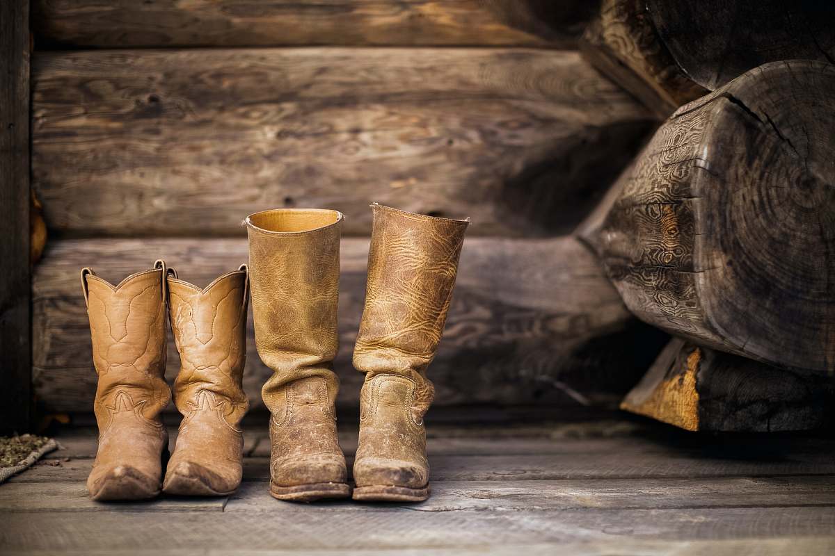cowboy boot two pair of brown leather cowboy boots near brown log moab